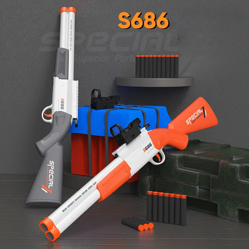 Toy Gun S686 Rifle – Double Barreled Airsoft Launcher with Dual Soft Bullets, Outdoor Sports Shotgun for Kids