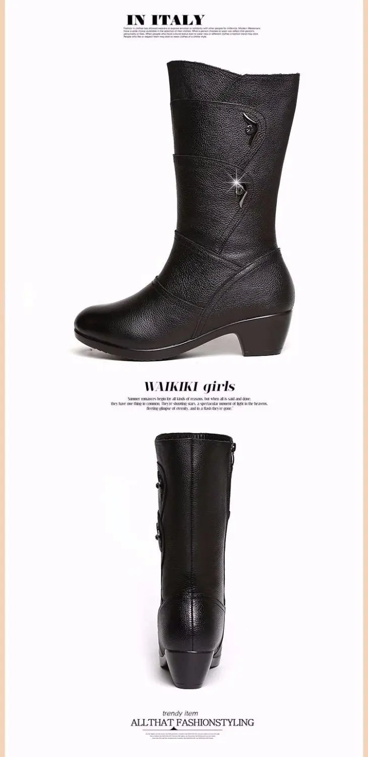 2024 Women’s Fashion Mid-Calf Boots – Waterproof Leather, Anti-Slip Zipper Winter Footwear