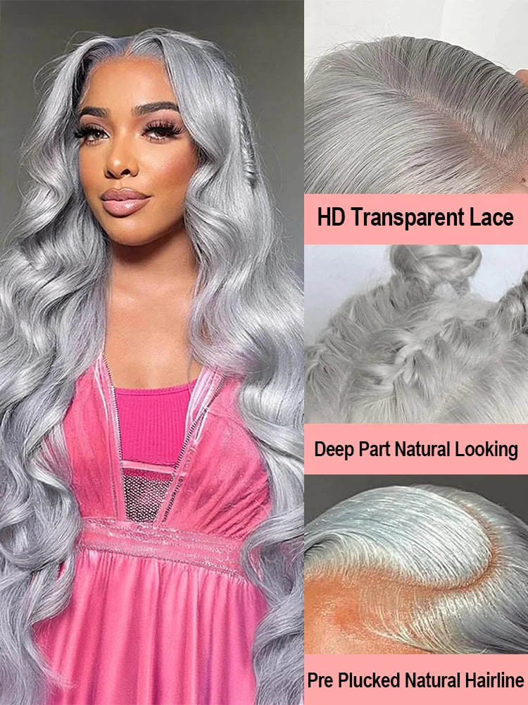 13x6 Silver Grey Body Wave Lace Front Wig – 100% Human Hair, Preplucked 13x4 Lace Frontal Brazilian Wig, 36 Inch
