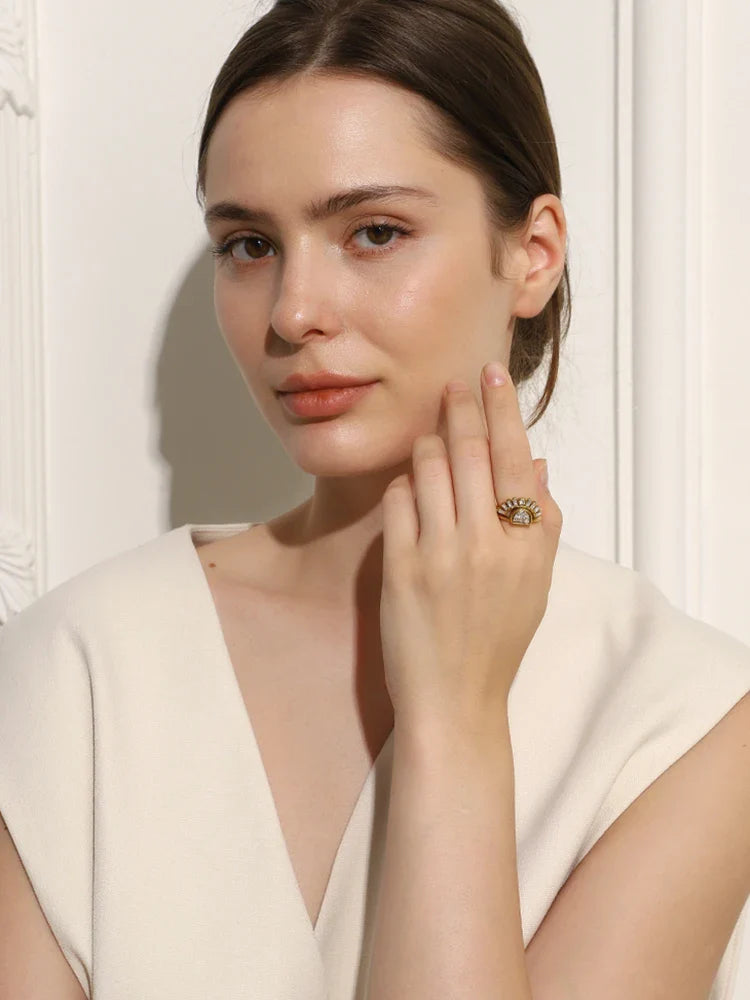 Women's Stainless Steel Rhinestone Sun Layer Ring – Elegant Tarnish-Free Party Jewelry Gift