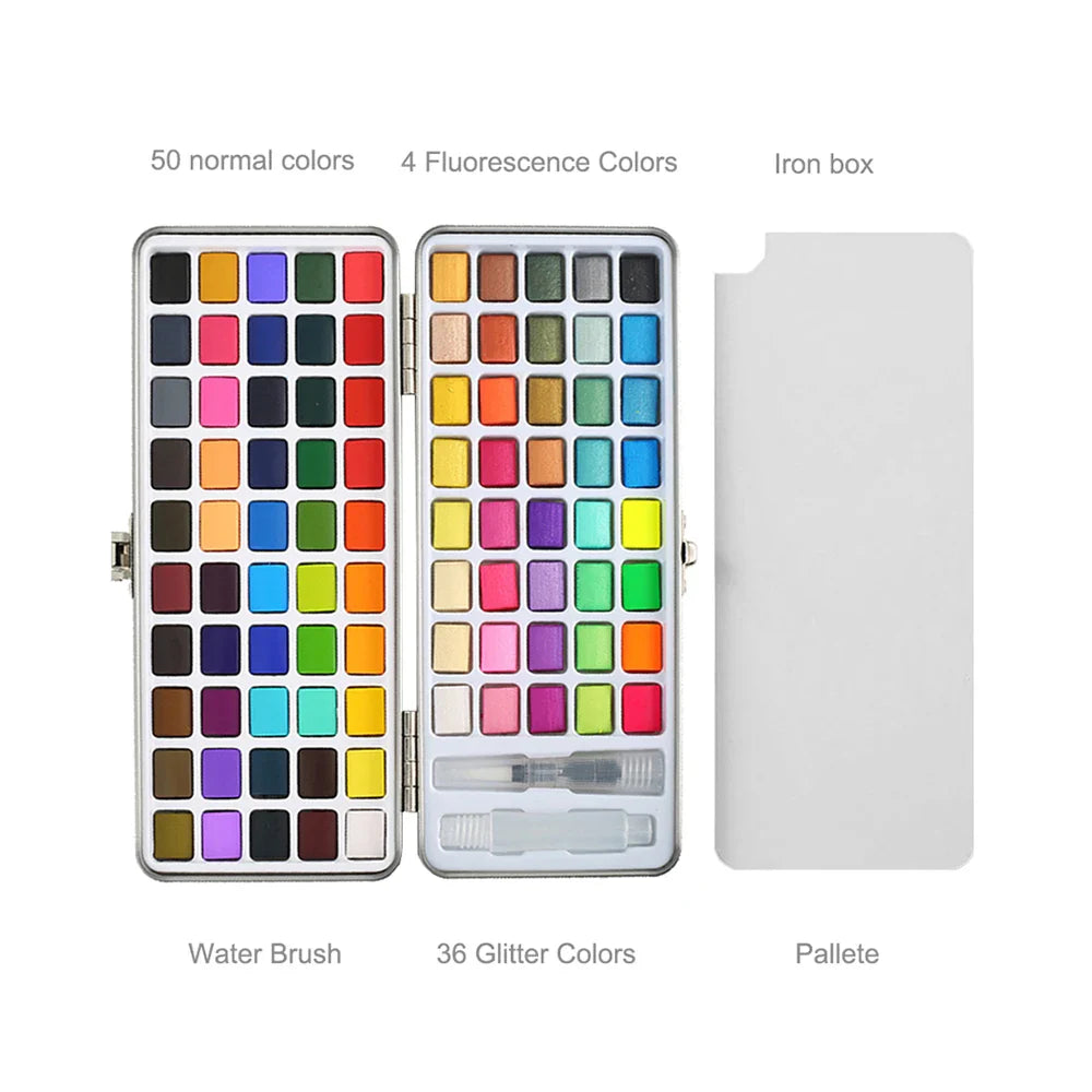 50/90 Color Solid Watercolor Paint Set – Glitter Pigments with Portable Metal Box & Squirrel Hair Brush for Nail Art