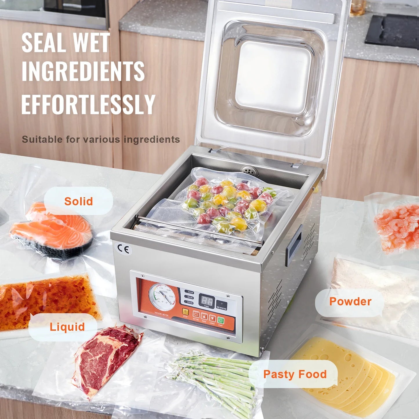 VEVOR DZ-260A Chamber Vacuum Sealer – 15.7" Sealing Machine for Home Use, Wet Foods, Meats & Marinades