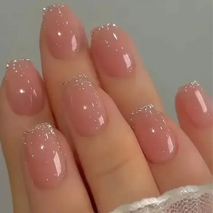 24PCS Short Square Coffin False Nails – French Glitter Acrylic Press-On Nail Tips with Glue, Wearable Fake Nails Set