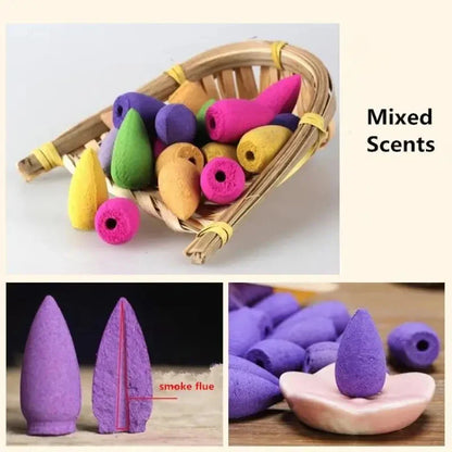 Aromatic Bliss Bundle: 20pcs Mix Natural Backflow Incense Cones - Rose, Jasmine, Lavender, Sandalwood Fusion