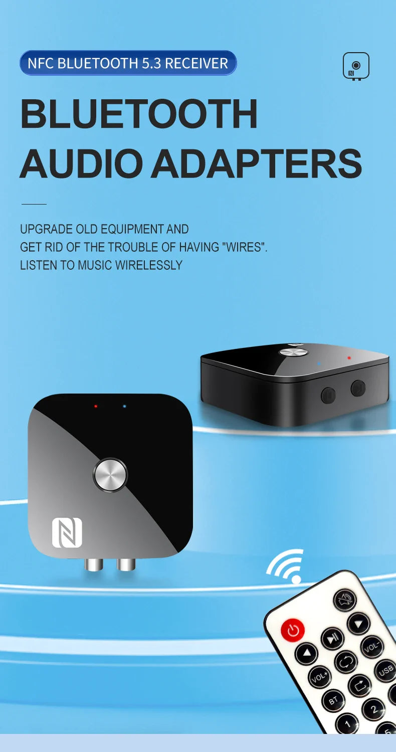 NFC Bluetooth 5.3 Audio Receiver – 3.5mm AUX, RCA Stereo, Lossless HIFI Music Wireless Adapter with USB U-Disk Play & Remote Control