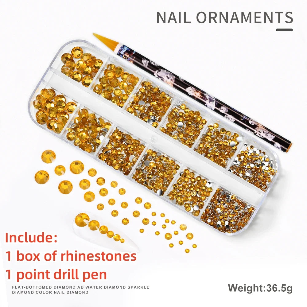 12-Grid 3D Glass AB Crystal Nail Art Rhinestones Kit – Flatback Round Beads with Tools for Nail Jewelry & Diamond Decoration