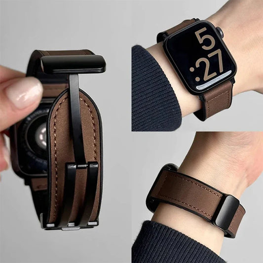 Leather Strap for Apple Watch – Compatible with Series 5-10, Ultra, SE, 40-49mm, Men’s Silicone & Leather iWatch Band