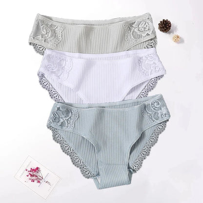 Floral Lace Cotton Women’s Panties - Comfortable Briefs, Solid Color Underwear, 3PCS/Set, Sizes M-XXL