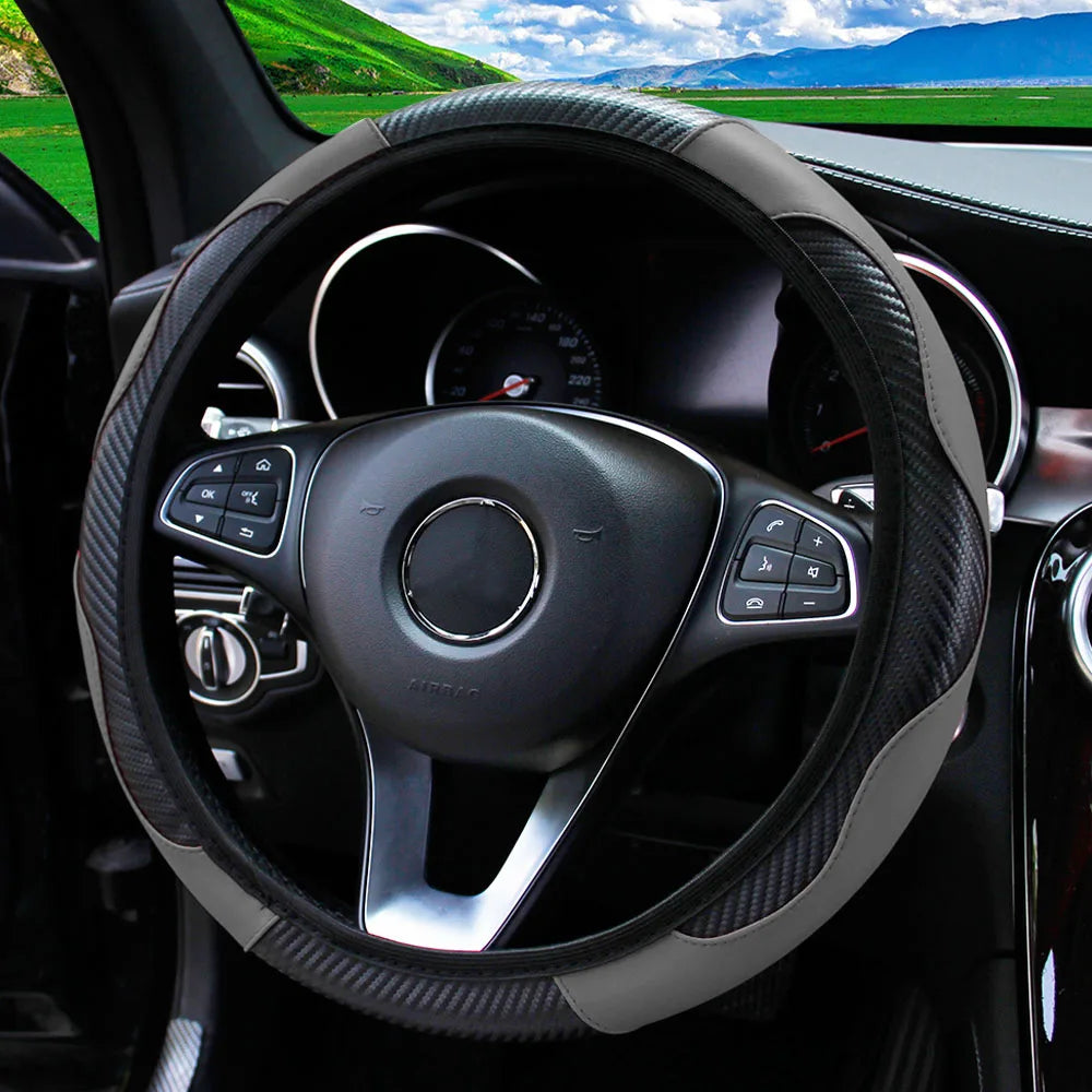 PU Carbon Fiber Leather Steering Wheel Cover — No Inner Ring, Fits 14.5-15 Inch Cars