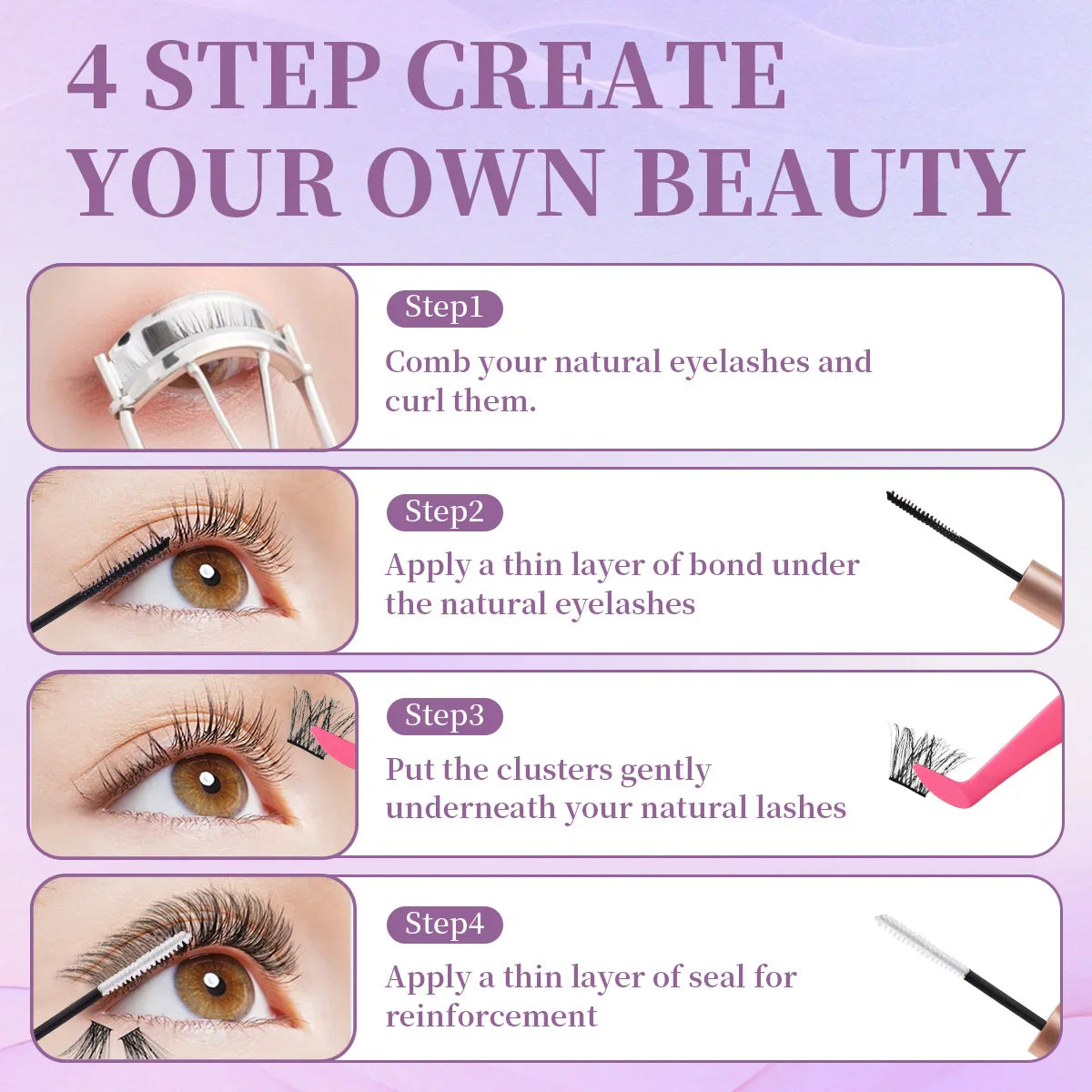 DIY Eyelash Extension Kit – Cluster Mix Eyelashes Set with Lash Bond & Seal, Tweezers & Brush for Full Lash Look