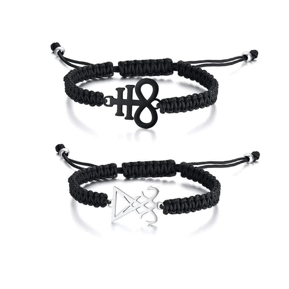 Leviathan Cross Woven Bracelet - Stainless Steel Satanic Style Totem Black Adjustable Knot Wrist Jewelry