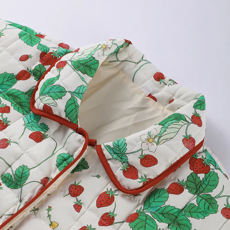 2025 Women’s Printed Quilted Padded Jacket – Collared Cotton Coat with Contrast Piped Pockets, Casual Autumn Outerwear