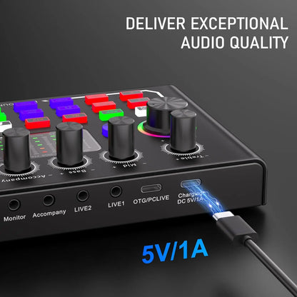 F009 Live Sound Card Broadcast Kit - Bluetooth DJ Audio Mixer with Microphone Set for Smartphone Live Streaming & Recording