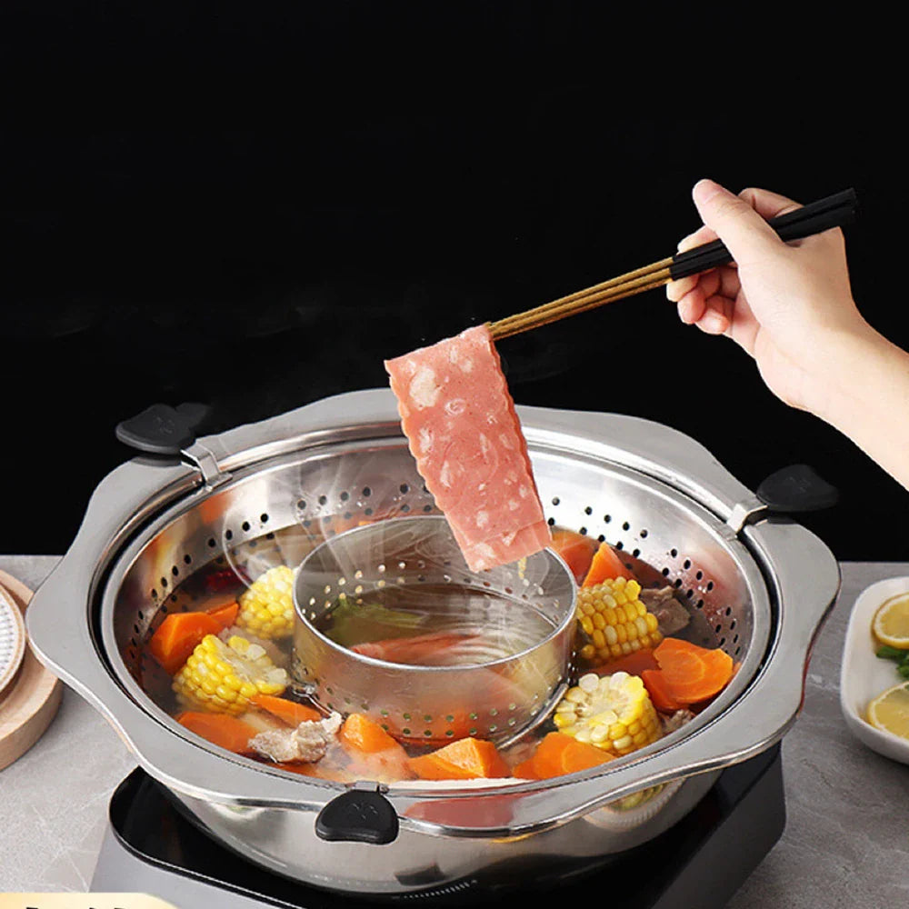 Stainless Steel Rotating Lift Hot Pot - Dual-Sided Mandarin Duck Shabu Shabu & BBQ Steam Pot, Chinese Kitchen Hotpot with Barbecue Feature