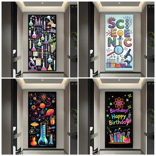 Chemistry Lab Door Cover Backdrop – Science Experiment Party Decoration & Photography Props with Laboratory Equipment Theme