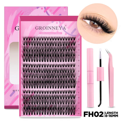 GROINNEYA DIY Lash Extension Kit – Cluster & Individual Lashes Set with Lash Bond & Seal for At-Home Eyelash Extension Makeup