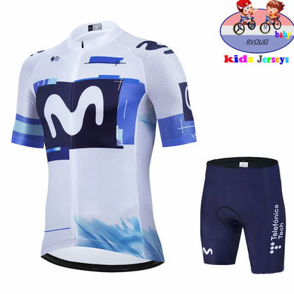 Kids Cycling Jersey Set - Baby Movistar Team Style Road Bike Shirt and Pants Suit for Boys and Girls MTB Riding