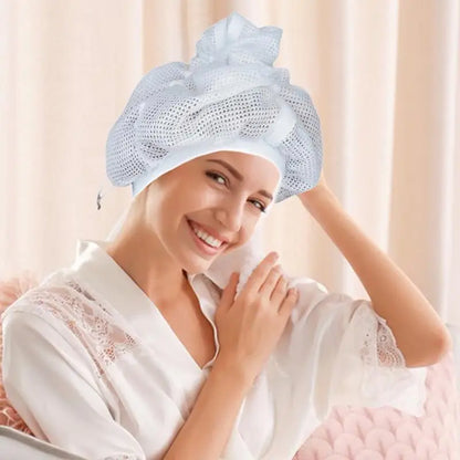 Reusable Mesh Plopping Bonnet — Adjustable Hair Drying Hood with Drawstring