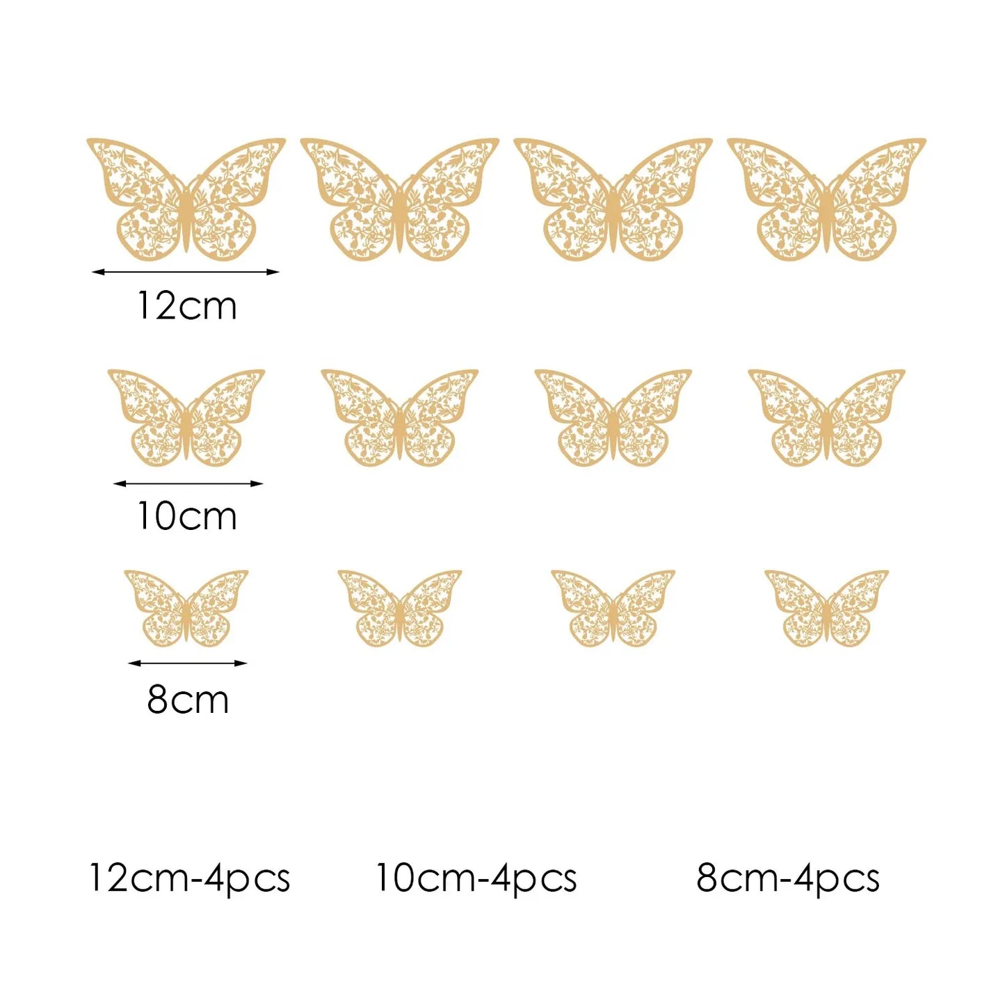 12PCS Metal-Inspired 3D Hollow Paper Butterfly Decorations – Party, Wedding, Birthday & Festival Wall Stickers