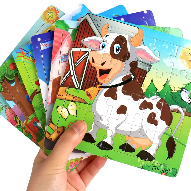 20-Piece Wooden Puzzle Set — Cartoon Animals, Cars, Letters & Numbers Educational Jigsaw Toys for Kids