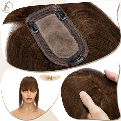TESS Women Human Hair Topper With Bangs - 7x12.5cm Silk Base Clip In Hair Extension Natural Wigpiece
