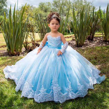 Flower Girl Wedding Dress - Long Sleeve Satin Bow Ball Gown for Toddlers & Girls