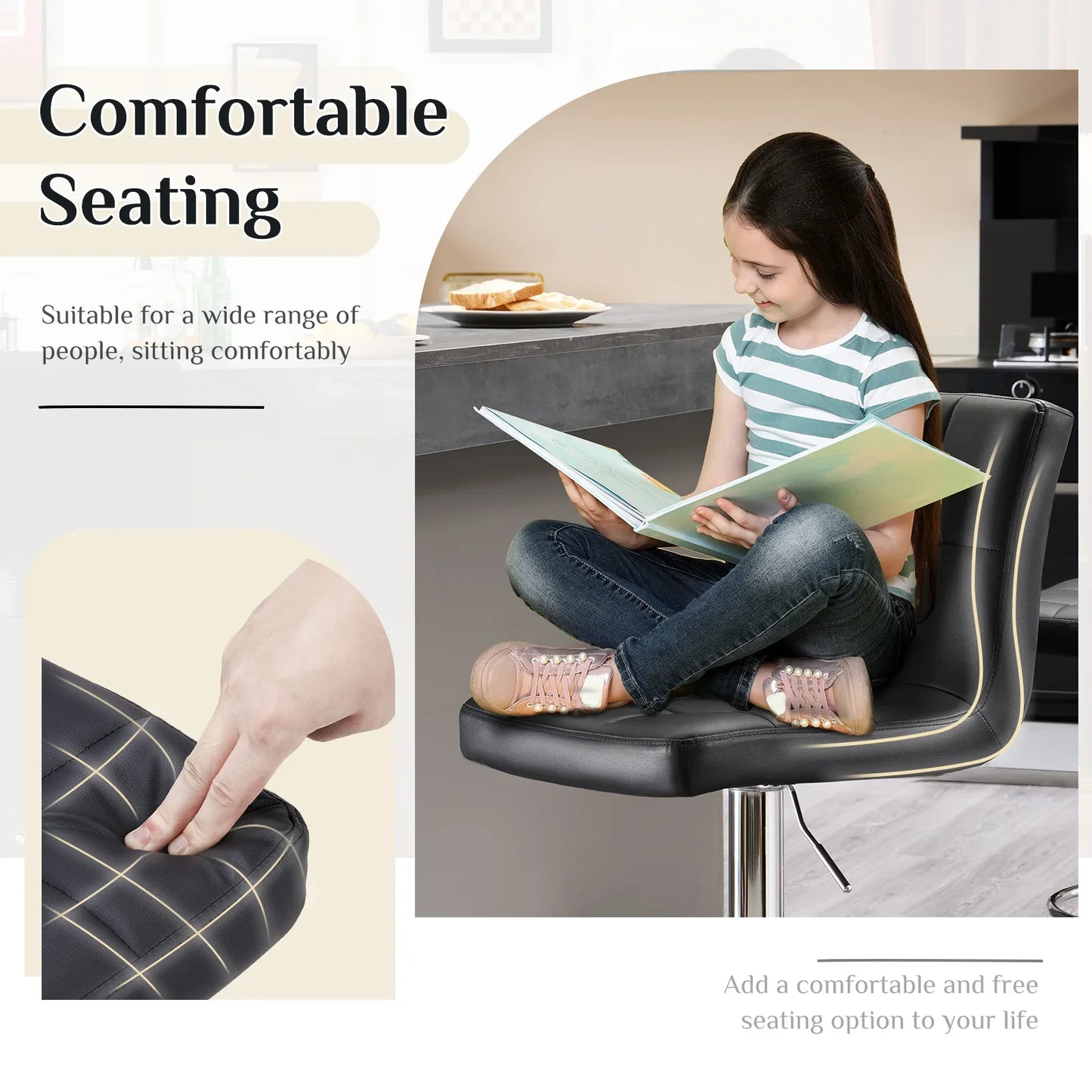 PU Leather Bar Stools Set of 2 – Upholstered Counter Height Stools with Comfortable Backrest, SGS Certified Gas Cylinder