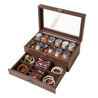 DELESYS Retro Imitation Wood Grain Leather Watch Box — Creative Gift Storage Case for Watches, Glasses & Accessories