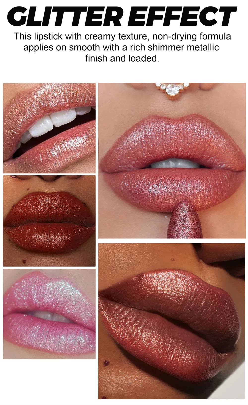 6 Colors Glitter Metallic Lipstick – Waterproof, Long-Lasting Diamond Pearlescent Lip Gloss for Moisturizing Sexy Lips