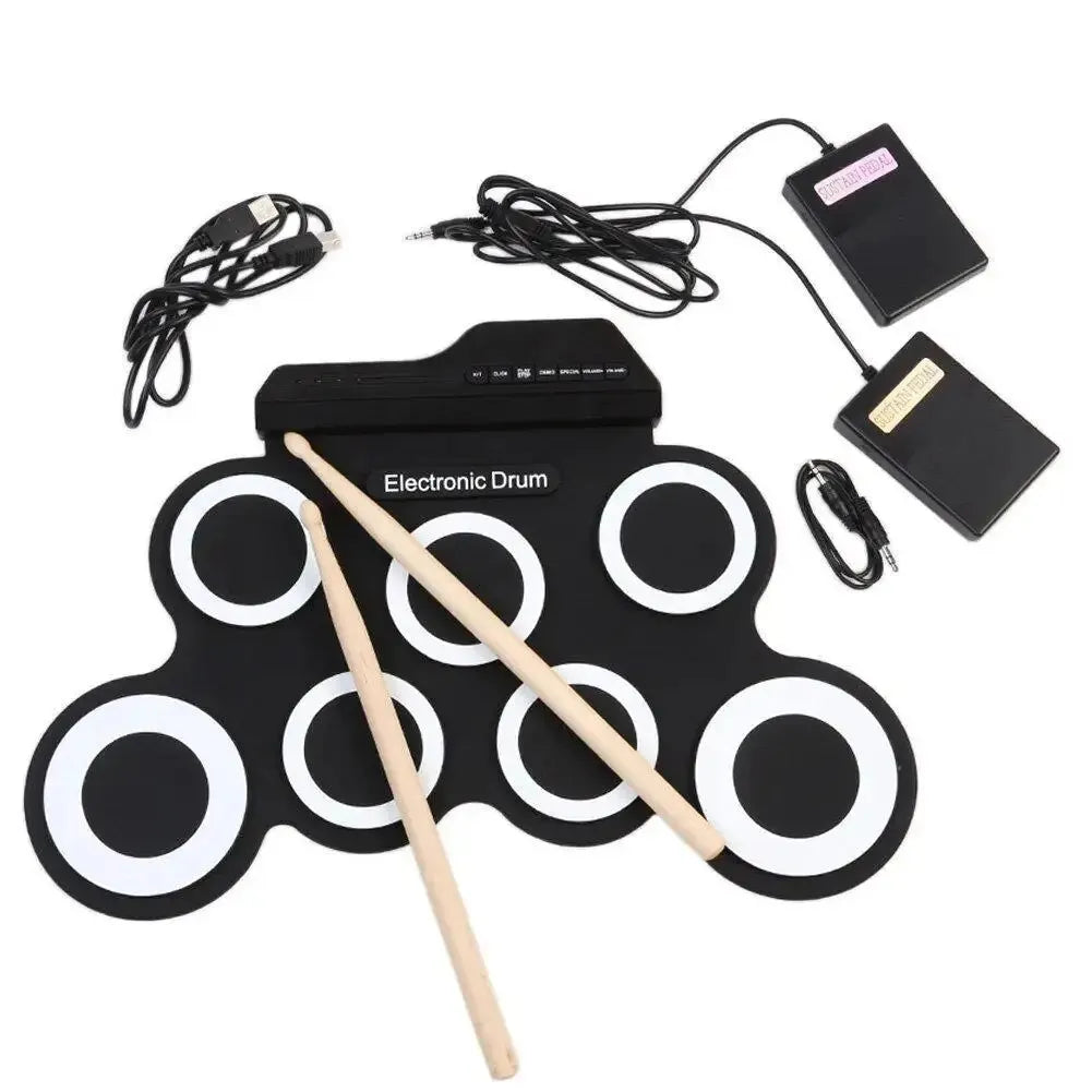 Portable Folding USB Electronic Drum Kit - Silicone Roll-Up Practice Pad with Drumsticks & Sustain Pedal