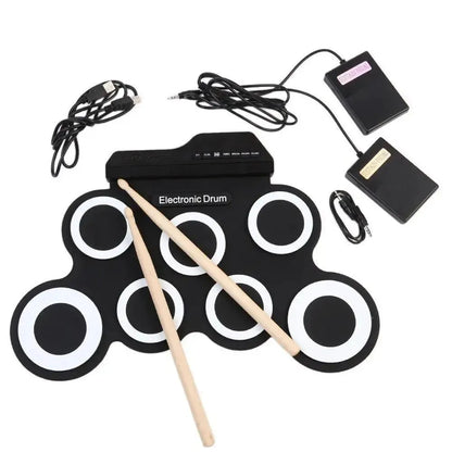 Portable Folding USB Electronic Drum Kit - Silicone Roll-Up Practice Pad with Drumsticks & Sustain Pedal