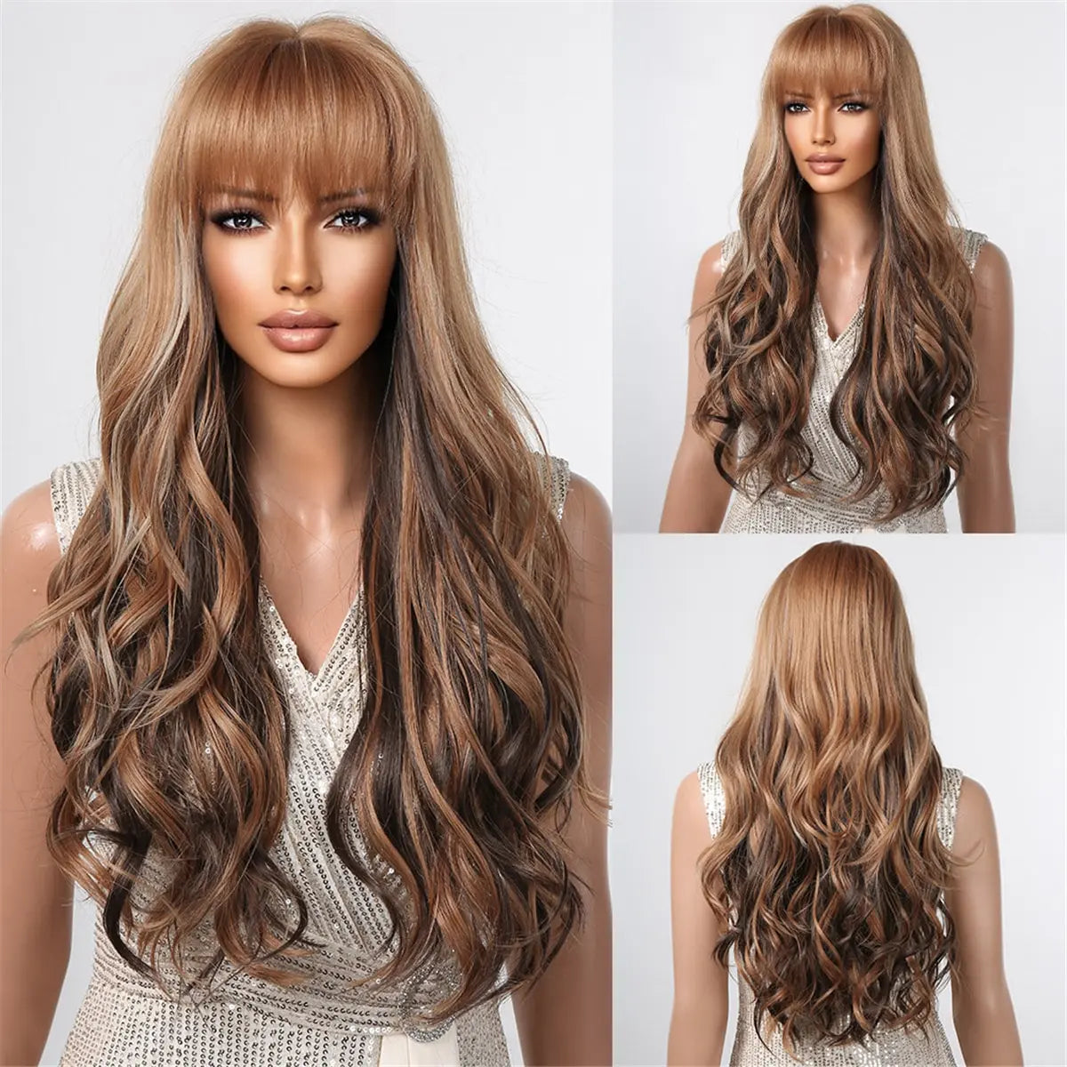 Brown Long Wavy Wig for Women with Bangs — Natural-Look Synthetic Hair, Heat-Resistant for Daily & Cosplay