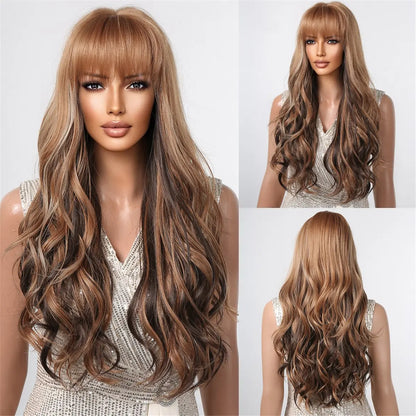 Brown Long Wavy Wig for Women with Bangs — Natural-Look Synthetic Hair, Heat-Resistant for Daily & Cosplay