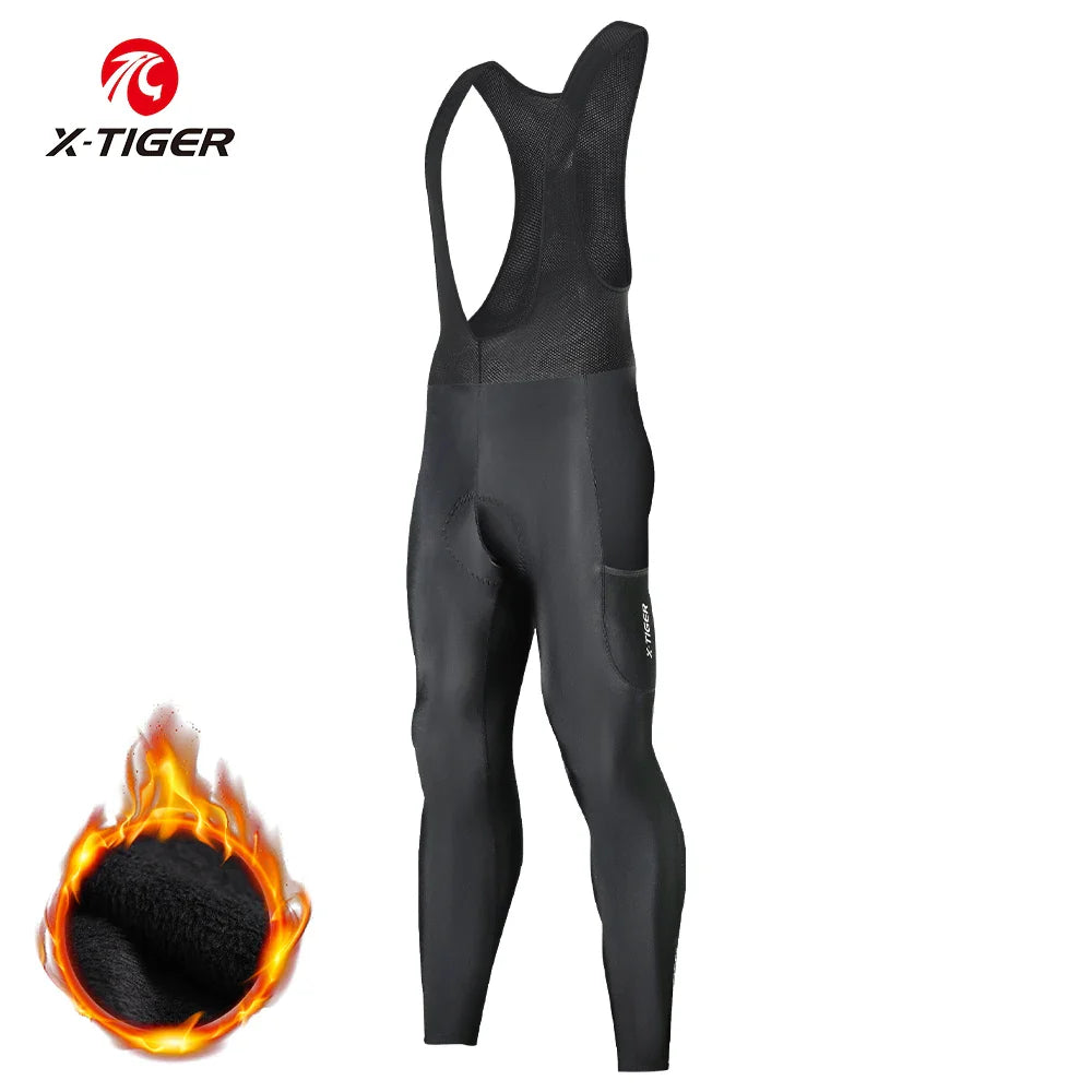 X-TIGER Thermal Winter Cycling Bib Pants for Men with 5D Gel Padding & Back Pocket – Fleece Sports MTB & Road Bike Warm Bibs