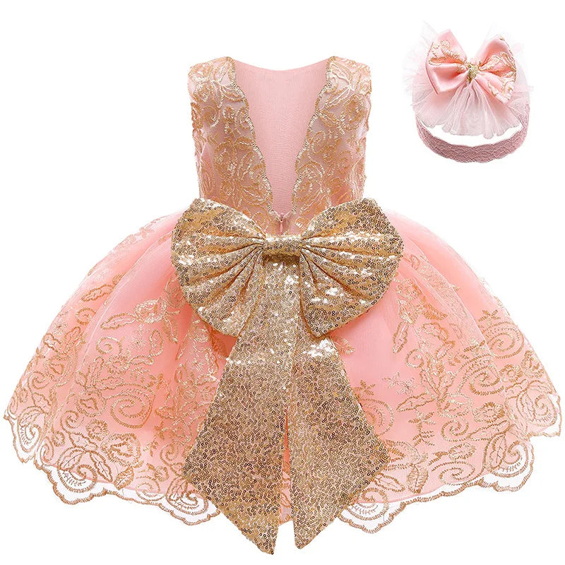 Baby Girls Lace Princess Dress - Big Bow Summer Birthday Party Gown