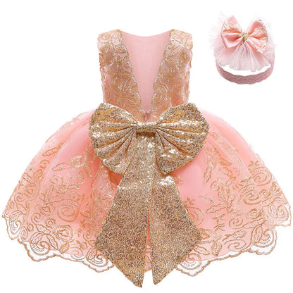 Baby Girls Lace Princess Dress - Big Bow Summer Birthday Party Gown