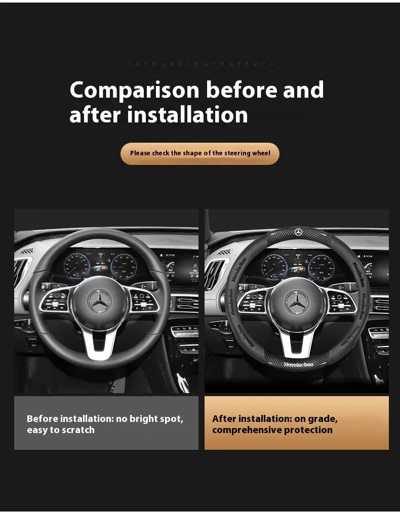 Mercedes-Benz Carbon Fiber Leather Steering Wheel Cover — Anti-Slip Fit for A/B/C/E/S/V/R-Class, C43, CLA, GLA, GLB, GLC, GLK, SLK, SL, Vito