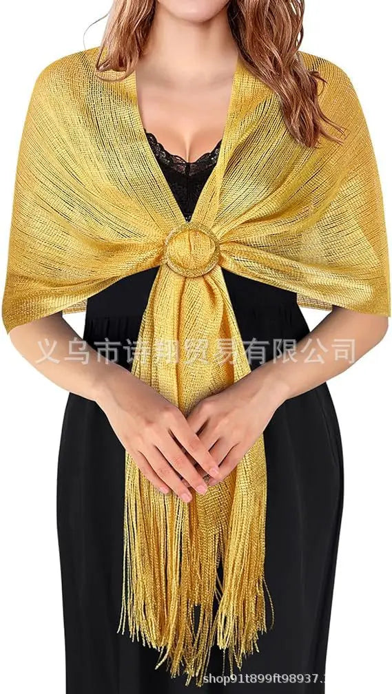 Gold & Silver Thread Tassel Scarf – Elegant Beach, Wedding & Party Fashion Shawl Accessory SJ15