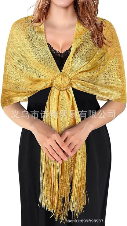 Gold & Silver Thread Tassel Scarf – Elegant Beach, Wedding & Party Fashion Shawl Accessory SJ15