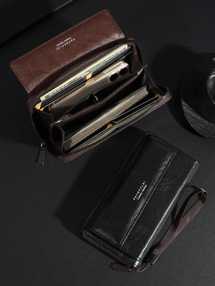 Men's PU Leather Zipper Wallet – Large Capacity Clutch Bag with Phone Holder, Card Slots & Coin Pocket