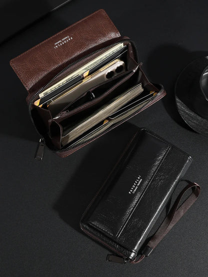 Men's PU Leather Zipper Wallet – Large Capacity Clutch Bag with Phone Holder, Card Slots & Coin Pocket