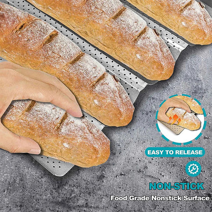 LMETJMA Nonstick Perforated French Bread Baking Pan - Carbon Steel Baguette Pan for 4 Wave Loaves, Loaf Bake Mold JT158