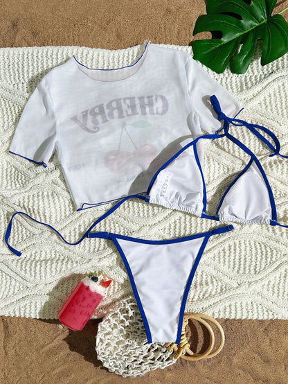 Women’s Cherry Print Halter Bikini Set – Sexy 3 Piece Dark Blue Beach Swimsuit 2026