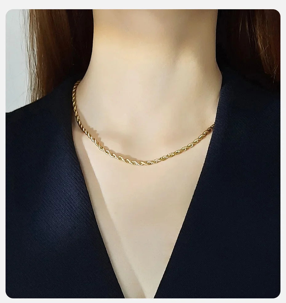 Vnox Dainty Gold Color Rope Chain Necklace – Chic Twisted Collar for Men & Women, Waterproof Stainless Steel, 2-5mm Width