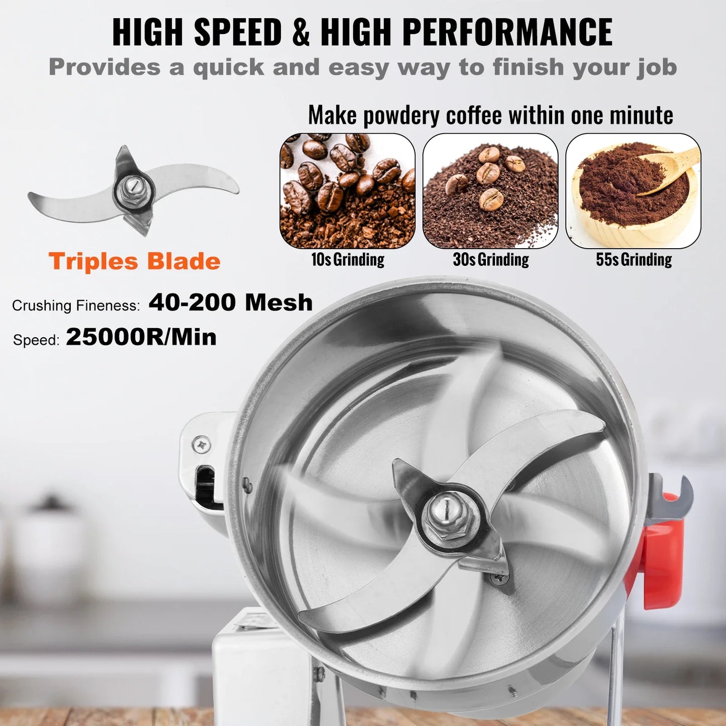 SucceBuy 150-2500g Electric Grain Mill Grinder – Commercial Spice & Herb Grinder for Coffee, Corn & Cereals