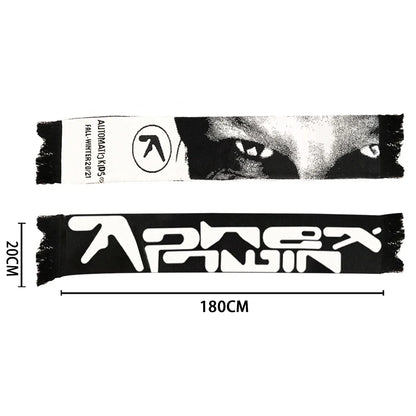 Men’s Y2K Black Knitted Scarf — Aphex Twin Goth Harajuku Streetwear Winter Shawl Unisex