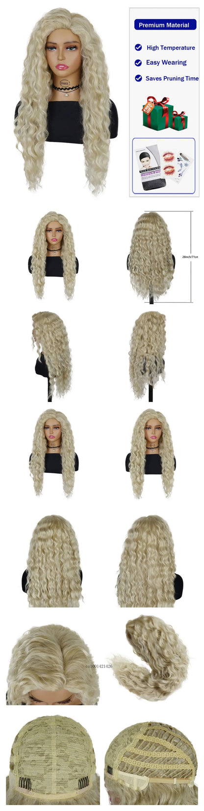 Ash Blonde Synthetic Wig – 26" Long Curly Ombre Hair, Fluffy Wave Wig for Women, Costume & Party Wig