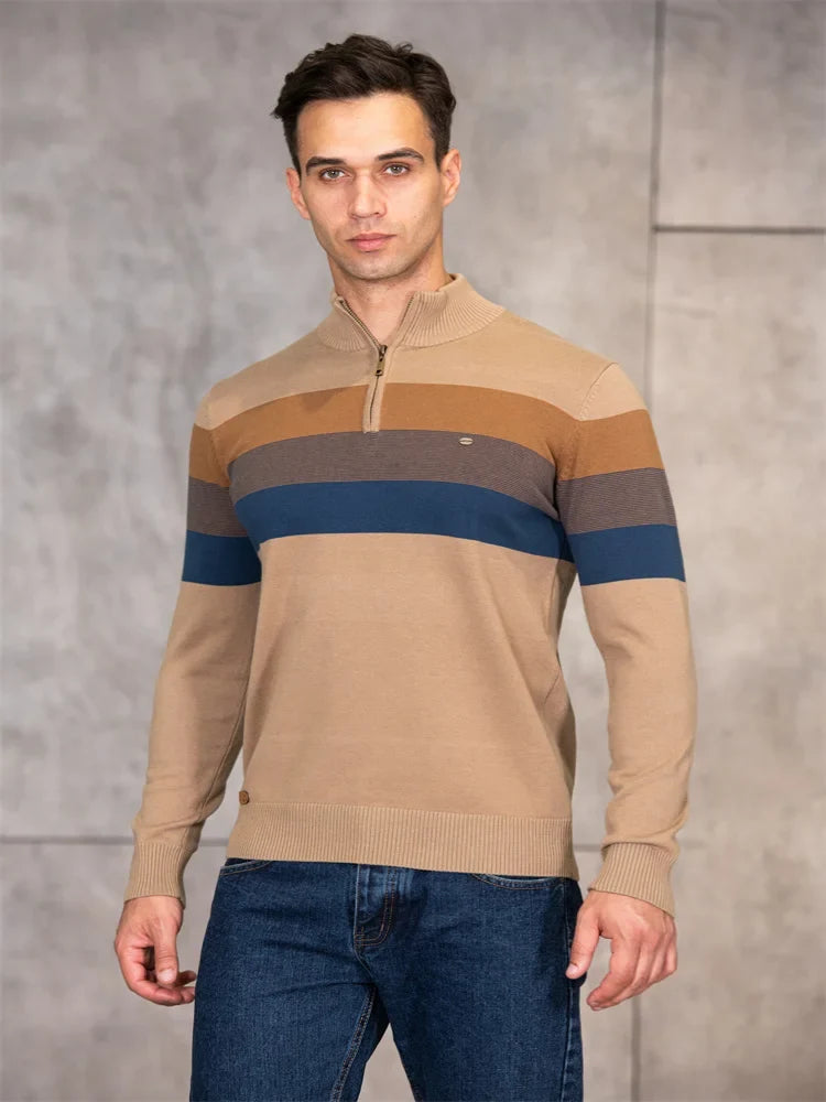 AIOPESON Men's Patchwork Sweater - Cotton Zipper Mock Neck Warm Winter Casual Pullover Top