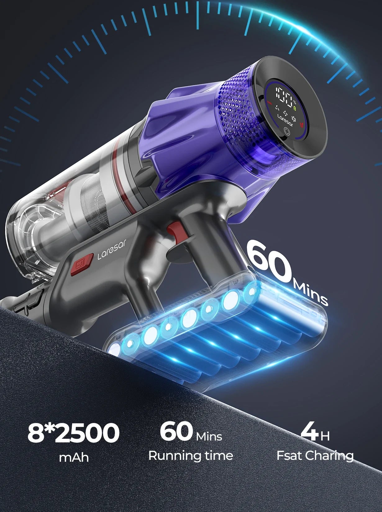 Laresar V7 500W Cordless Handheld Vacuum Cleaner – 50000Pa Suction Power, 60 Min Runtime, Smart Home Dust Cup Cleaner