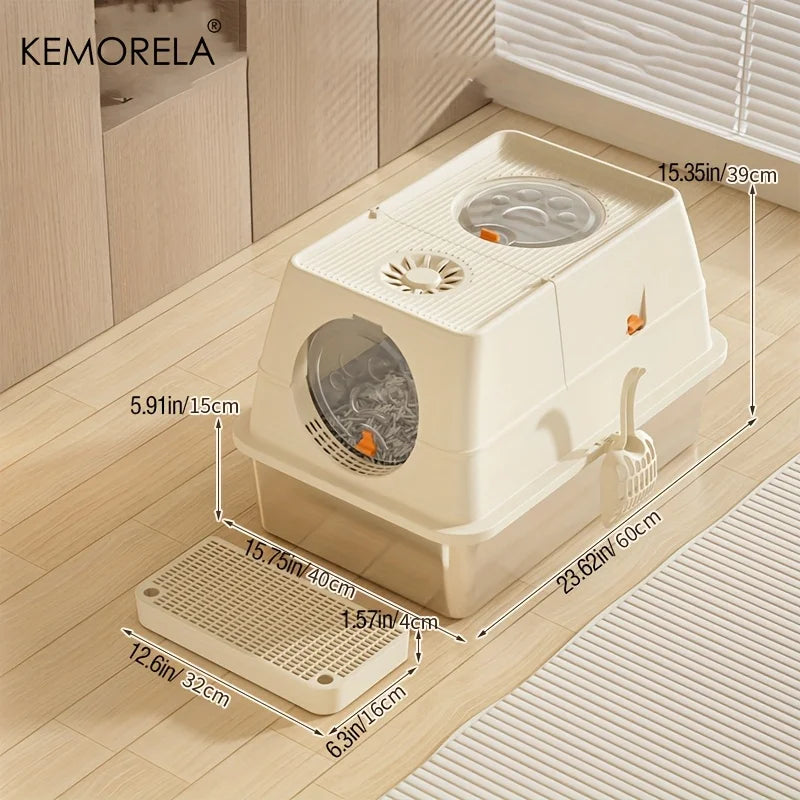 KEMORELA XL Stainless Steel Cat Litter Box – Extra Large Enclosed Litter Box with High Sides & Removable Scoop for Big Cats